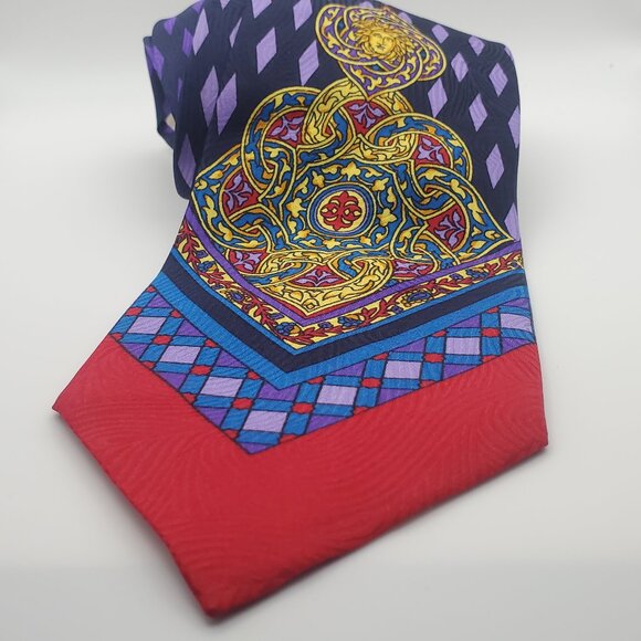 VTG VERSACE Men's Silk Tie Mandala Emblem Design Geometric Pattern Red Blue - Picture 2 of 10